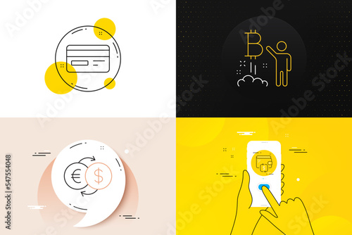 Minimal set of Credit card, Money exchange and Bitcoin project line icons. Phone screen, Quote banners. Wallet icons. For web development. Card payment, Eur to usd, Cryptocurrency startup. Vector