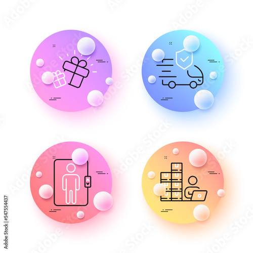 Gift, Inventory and Transport insurance minimal line icons. 3d spheres or balls buttons. Elevator icons. For web, application, printing. Marketing box, Goods operator, Full coverage. Vector