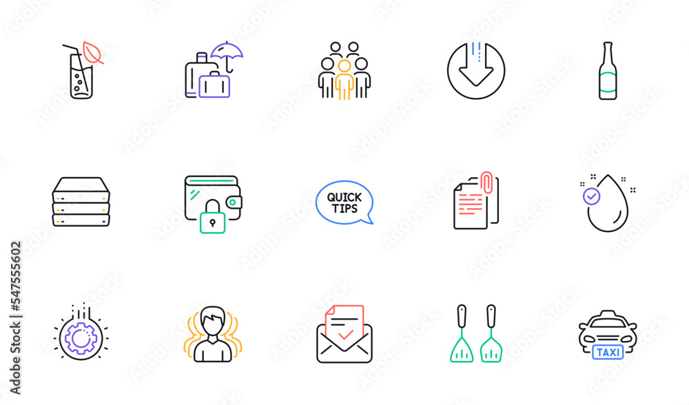 Taxi, Gear and Quickstart guide line icons for website, printing. Collection of Group, Document attachment, Servers icons. Approved mail, Wallet, Cooking cutlery web elements. Vector Taxi, Gear and Quickstart guide line icons for website, printing. Collection of Group, Document attachment, Servers icons. Approved mail, Wallet, Cooking cutlery web elements. Vector