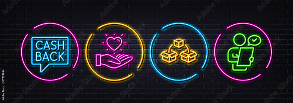 Hold heart, Parcel shipping and Money transfer minimal line icons. Neon laser 3d lights. Customer survey icons. For web, application, printing. Love brand, Send box, Cashback message. Contract. Vector