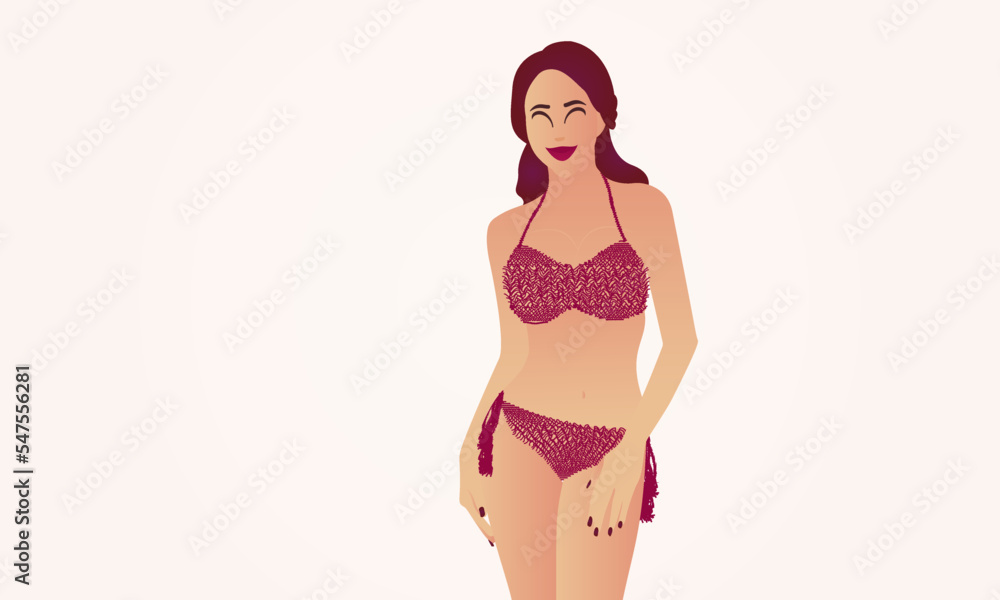 Naklejka premium Attractive young woman with a creamy background, young woman, red bikini, long dark hair, standing pose, simple background