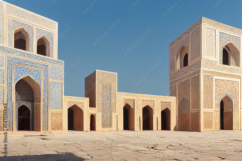 2d illustration of historical architecture of the times of Tamerlane in the style of ancient architecture of Central Asia, Islamic architecture, Tashkent, Samarkand, Bukhara, Khiva
