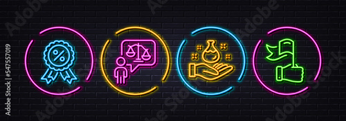 Lawyer, Discount medal and Chemistry lab minimal line icons. Neon laser 3d lights. Leadership icons. For web, application, printing. Court judge, Sale award, Laboratory. Winner flag. Vector