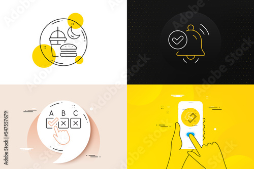 Minimal set of Correct checkbox, Notification received and Night eat line icons. Phone screen, Quote banners. Cashback icons. For web development. Answer, Alarm approved, Junk food. Vector