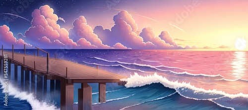 Art for anime series. Ocean. Sunset. Cloud. AI generated art illustration.
