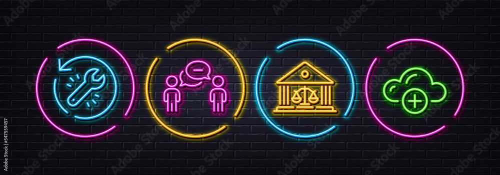 Court building, Recovery tool and Consulting business minimal line icons. Neon laser 3d lights. Cloud computing icons. For web, application, printing. Judgement, Backup info, Team meeting. Vector Court building, Recovery tool and Consulting business minimal line icons. Neon laser 3d lights. Cloud computing icons. For web, application, printing. Judgement, Backup info, Team meeting. Vector