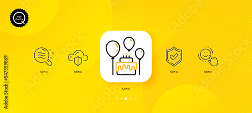 Smile, Cloud protection and Cake minimal line icons. Yellow abstract background. Skin condition, Confirmed icons. For web, application, printing. Vector