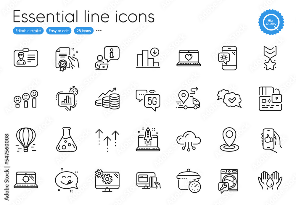 Like app, Approved and Decreasing graph line icons. Collection of Swipe up, Customer satisfaction, Washing machine icons. Seo laptop, Location, Air balloon web elements. Safe water. Vector - obrazy, fototapety, plakaty 