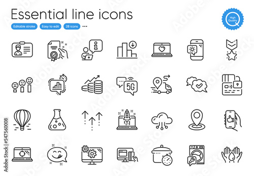Like app, Approved and Decreasing graph line icons. Collection of Swipe up, Customer satisfaction, Washing machine icons. Seo laptop, Location, Air balloon web elements. Safe water. Vector