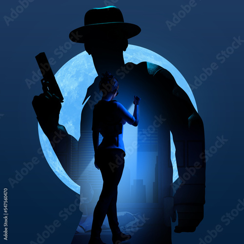 Bild auf Leinwand 3d render illustration of male detective or mobster with gun silhouette and female police investigator with flashlight in dark room with body on dark blue full moon background
