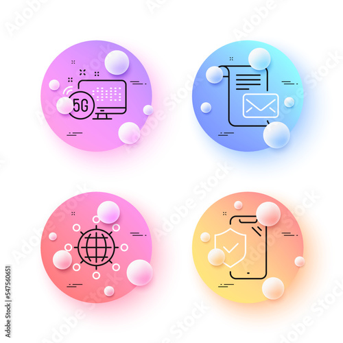 5g internet, International globe and Phone insurance minimal line icons. 3d spheres or balls buttons. Mail letter icons. For web, application, printing. Vector