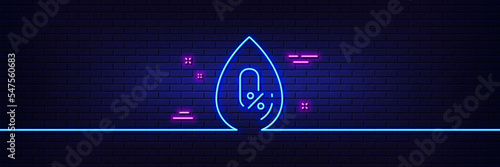 Neon light glow effect. No alcohol line icon. Organic tested sign. Water drop symbol. 3d line neon glow icon. Brick wall banner. No alcohol outline. Vector