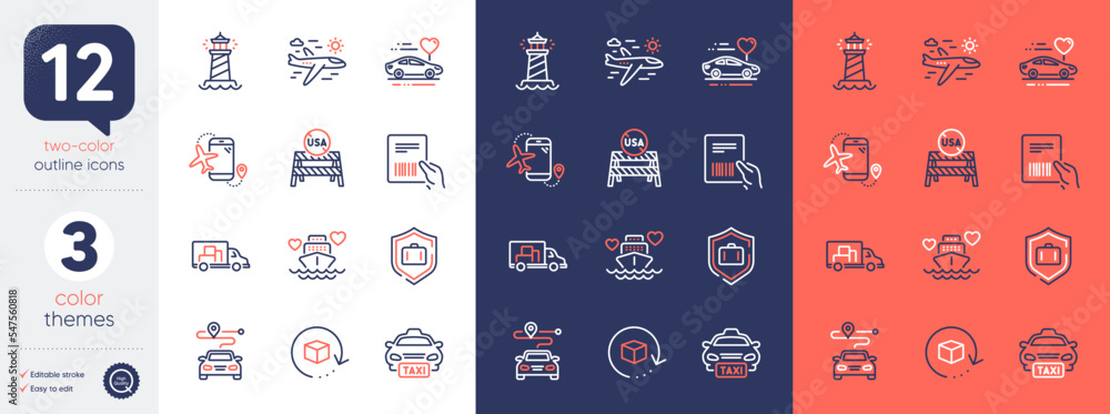 Set of Parcel invoice, Lighthouse and Truck transport line icons. Include Journey, Honeymoon travel, Return package icons. Airplane travel, Honeymoon cruise, Flights application web elements. Vector - obrazy, fototapety, plakaty 