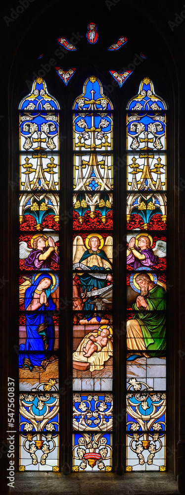 Stained-glass window depicting The Nativity of Jesus. Notre-Dame de Luxembourg (Notre-Dame Cathedral in Luxembourg). 2021/07/04