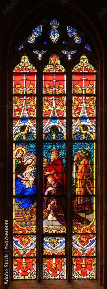 Stained-glass window depicting The Adoration of the Magi. Notre-Dame de Luxembourg (Notre-Dame Cathedral in Luxembourg). 2021/07/04 Stained-glass window depicting The Adoration of the Magi. Notre-Dame de Luxembourg (Notre-Dame Cathedral in Luxembourg). 2021/07/04