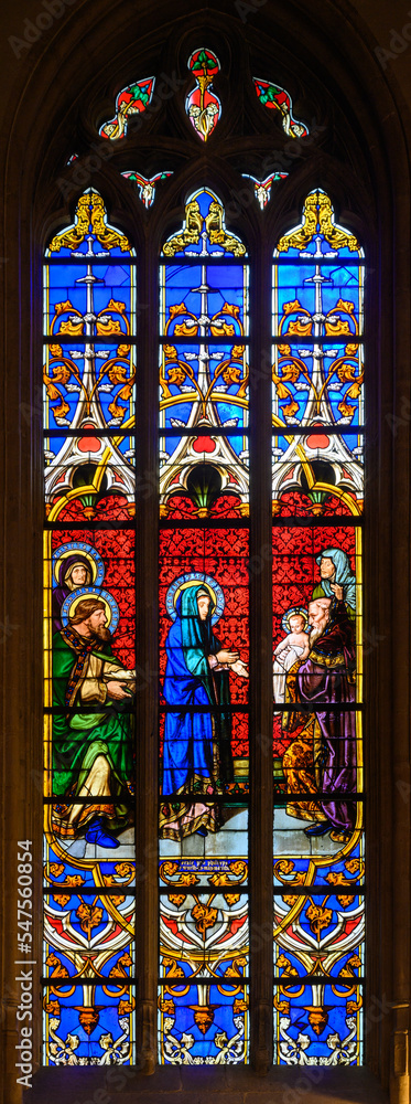 Stained-glass window depicting The Presentation of the Lord at the Temple. Notre-Dame de Luxembourg (Notre-Dame Cathedral in Luxembourg). 2021/07/04
