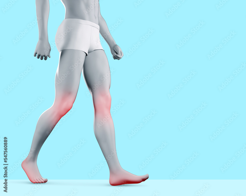 3d render illustration of male figure with knee and feet pain highlighted area on blue background. 3d render illustration of male figure with knee and feet pain highlighted area on blue background.