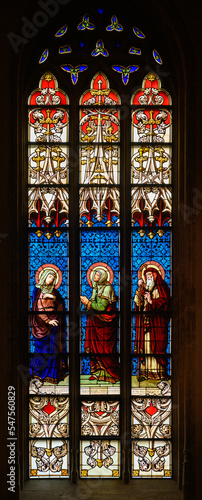 Stained-glass window depicting The Visitation (of the Virgin Mary to Saint Elizabeth). Notre-Dame de Luxembourg (Notre-Dame Cathedral in Luxembourg). 2021/07/04 photo