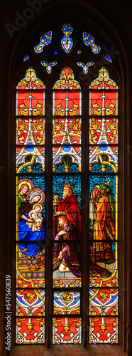 Stained-glass window depicting The Adoration of the Magi. Notre-Dame de Luxembourg (Notre-Dame Cathedral in Luxembourg). 2021/07/04 photo