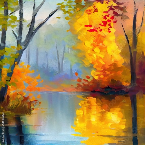 Oil painting colorful autumn season. Semi abstract image of forest  trees with yellow red leaf and lake with oil paint. Fall season nature background. Hand Painted Impressionist  outdoor landscape
