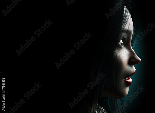 3d render noir thriller illustration of scared lady face profile on black background with blue light.