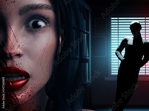 3d render horror thriller illustration of scared victim lady face covered in blood with mysterious stalker killer in dark room background. photo