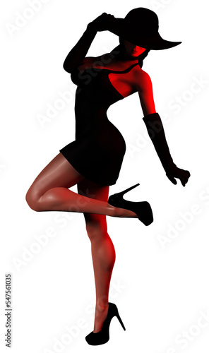 Png 3d render illustration of sexy spy lady in black dress, hat and heels posing on white background.