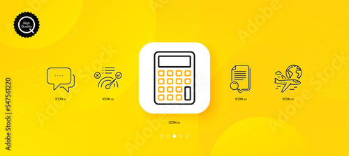 Search file, Message and International flight minimal line icons. Yellow abstract background. Correct answer, Calculator icons. For web, application, printing. Vector