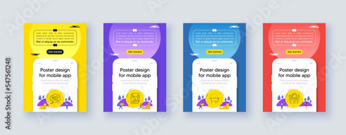 Simple set of Quick tips, Report document and Face scanning line icons. Poster offer design with phone interface mockup. Include Employee hand icons. For web, application. Vector