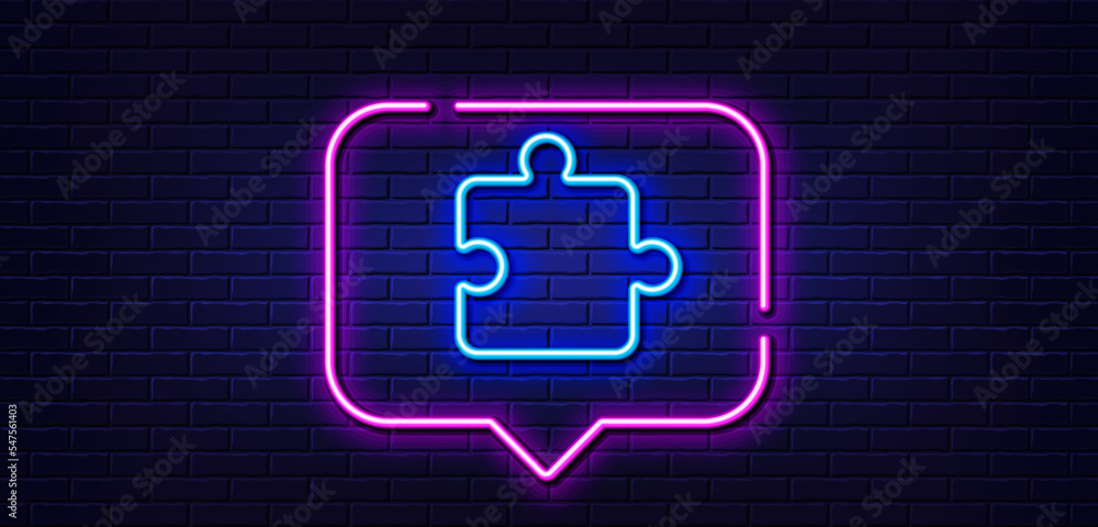 Neon light speech bubble. Puzzle piece line icon. Jigsaw game shape sign. Business strategy element. Neon light background. Puzzle glow line. Brick wall banner. Vector Neon light speech bubble. Puzzle piece line icon. Jigsaw game shape sign. Business strategy element. Neon light background. Puzzle glow line. Brick wall banner. Vector