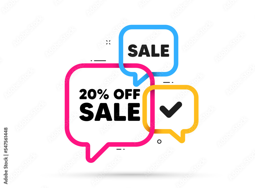 Sale 20 percent off discount. Ribbon bubble chat banner. Discount offer coupon. Promotion price offer sign. Retail badge symbol. Sale adhesive tag. Promo banner. Vector Sale 20 percent off discount. Ribbon bubble chat banner. Discount offer coupon. Promotion price offer sign. Retail badge symbol. Sale adhesive tag. Promo banner. Vector