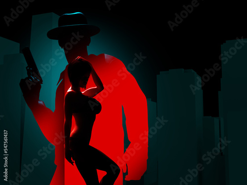 3d render noir illustration of male detective or mobster with gun silhouette standing on dark blue cityscape background with sexy woman posing on red backdrop.