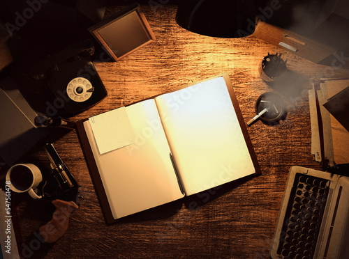 3d render illustration of detective workspace table with gun, lamp, smoking cigarette and opened book or case file, upper view.