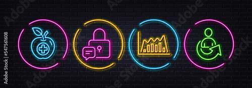 Infographic graph, Lock and Medical food minimal line icons. Neon laser 3d lights. Share icons. For web, application, printing. Line diagram, Padlock message, Apple. Referral person. Vector