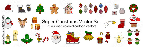 Super Christmas Vector Icon Set with 23 outlined colored cartoon vectors with Santa Claus, snowman, bells, gifts, sled, reindeer, gnomes, angel, candles, garland and more.