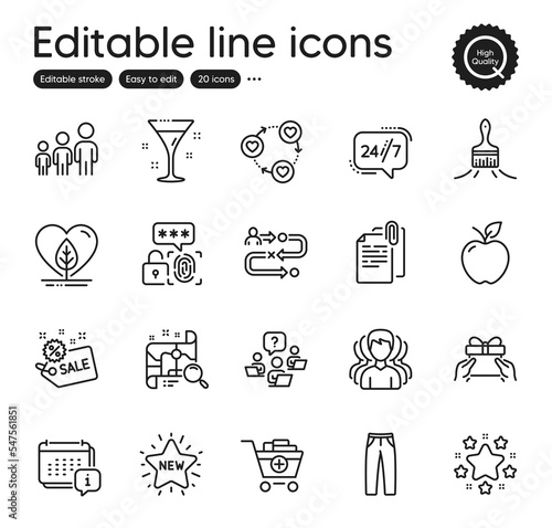 Set of Business outline icons. Contains icons as Search map, New star and Journey path elements. Teamwork question, Document attachment, Pants web signs. Stars, 24h service. Vector