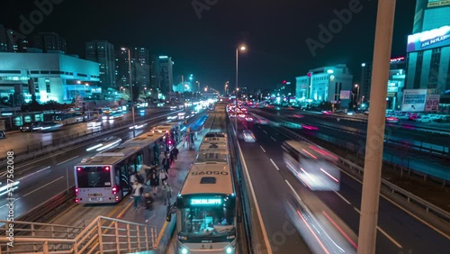 istanbul  NightTraffic And Public Transport Metrobus Time Lapse. City Traffic