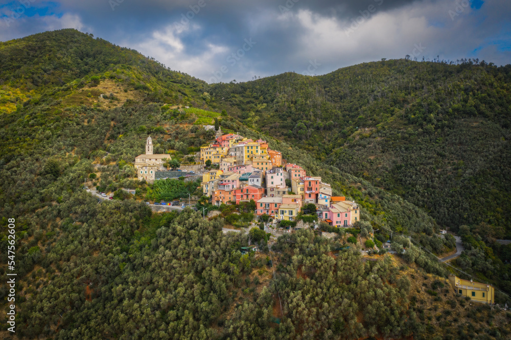 A small village lavaggiorosso high up in the mountains near Levanto on the Ligurian coast. Secluded and almost forgotten it looks at us. Aerial drone picture. September 2021