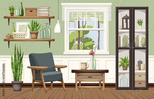 Living room interior with green walls, a black bookcase, an armchair, and a window. Modern interior design. Cartoon vector illustration