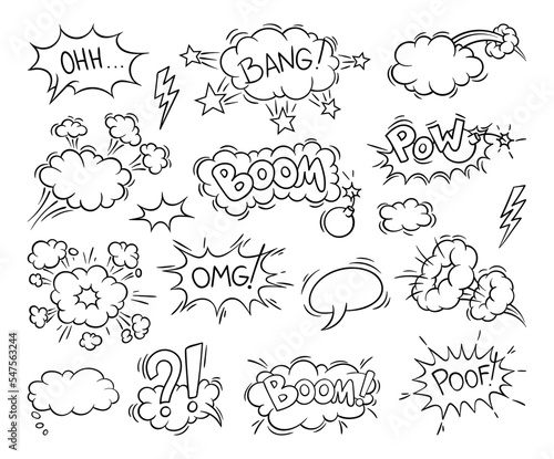 Set of Explosion speech bubble. Comic stickers or doodle sketches with inscriptions boom, omg, bang, pow, poof. Design elements for social networks. Cartoon flat vector collection isolated on white