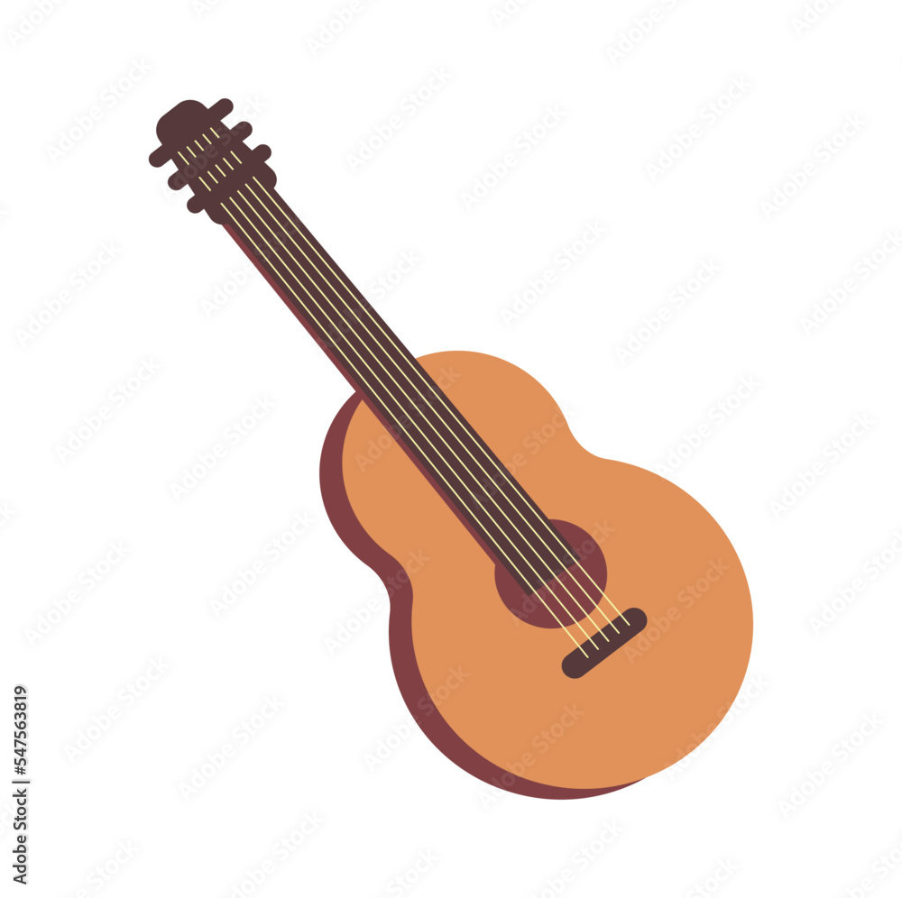 Obraz premium Colorful Cuban element. Sticker with wooden guitar or ukulele. Traditional musical instrument. Design element for banner or poster. Cartoon flat vector illustration isolated on white background
