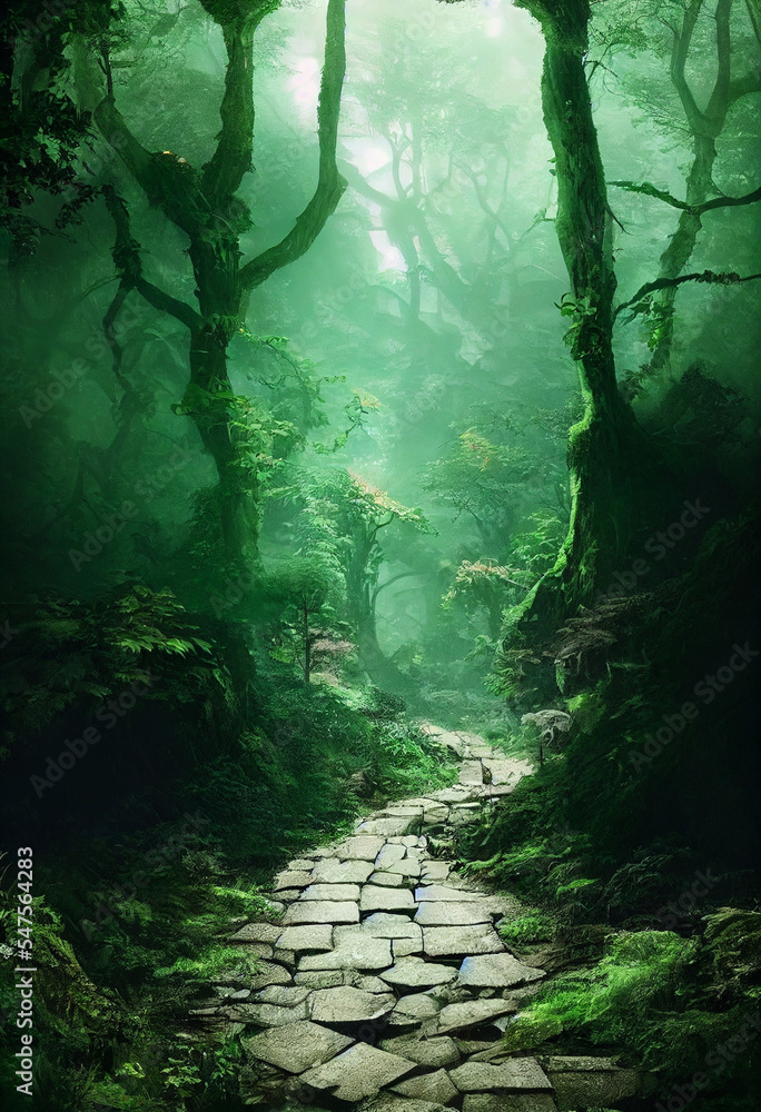 A beautiful path leading into a mysterious forest. Fantasy art matte painting. Stock