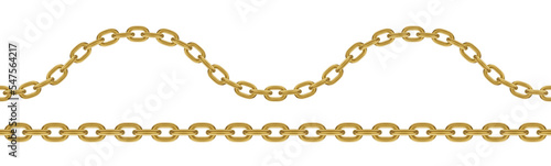 Seamless golden chain. Realistic vector wavy and straight chains.