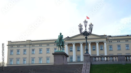 A statue of Karl Johan outside The Royal Palace (Det kongelige slott) in Oslo Norway photo