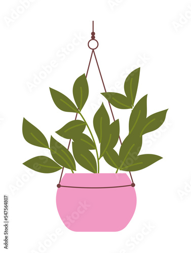 Houseplant on macrame hanger. Sticker with pink pot and lush flower with branches and green leaves. Design element for social networks. Cartoon flat vector illustration isolated on white background