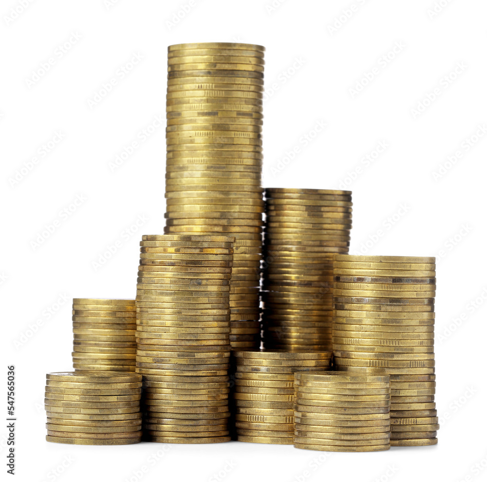 Many golden coins stacked on white background Many golden coins stacked on white background