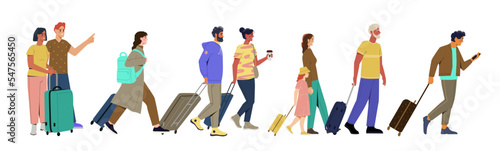 Group of tourists at airport. Men, women and children travelers go on journey or trip with suitcases or luggage. Vacation or adventure. Cartoon flat vector illustration isolated on white background