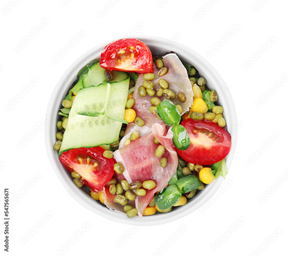Bowl of salad with mung beans isolated on white, top view Bowl of salad with mung beans isolated on white, top view
