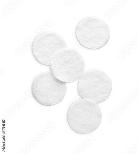 Soft clean cotton pads on white background, top view