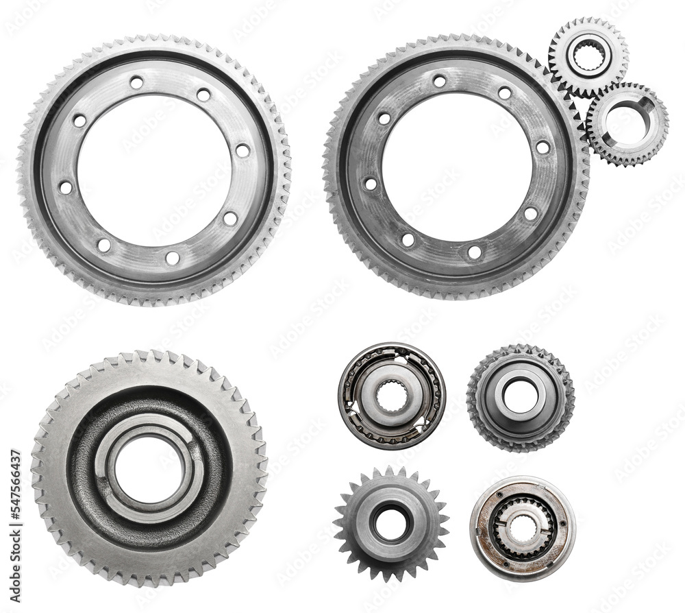 Set with different stainless steel gears on white background, top view Set with different stainless steel gears on white background, top view